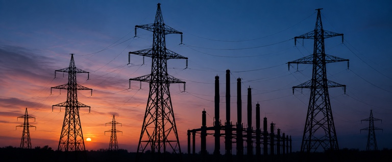 Electricity transmission lines at sunset