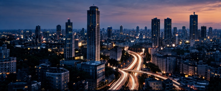 An evening city skyline and illuminated highways