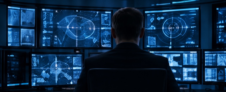 A security operations centre operator facing monitors