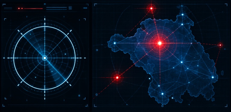A radar and a map with threat markers